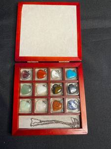 Heart Pendant Necklace Set - Assorted Gemstone Hearts in Wood Box (Lot of 12)