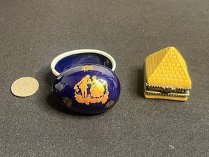 Limoges (one signed) Trinket Boxes Blue Oval & Pyramid w Camel (Lot of 2)