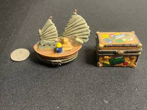 VTG Mini Decorative Trinket Boxes Sailboat w Surprise Inside & Travel Chest w Passport (Set of 2)