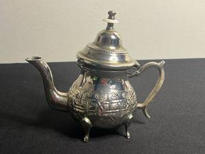 VTG Silver Plated Moroccan Teapot - Ornate Metal Teapot With Script