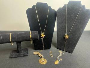 Gold Tone Jewelry Mixed Lot - Trifari Bracelet, Award Pendant, Cancer Medallion & Floral Necklace