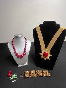 VTG Costume Jewelry Mixed Lot - Signed Cherry Brooch, 2 Necklaces & Bracelet
