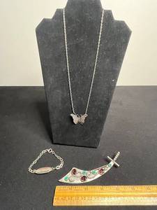VTG Sterling Silver Butterfly Charm Necklace - Sword Gemstone Brooch & Jimmie Allen Air Races Bracelet