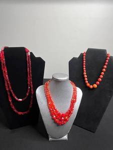Red Glass Bead Necklace Mixed Lot - 3 Pieces