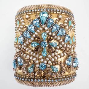 Gold-Plated Cuff Bracelet with Turquoise Teardrops and Blue Crystals
