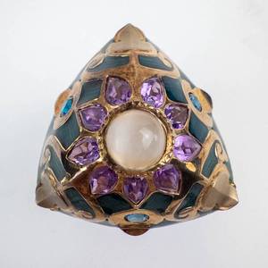 Moonstone Amethyst Blue Topaz Vermeil Ring with Green Enamel - Size 8 - Thailand 925