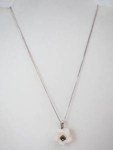 Lee Sands Sterling Silver Flower Pendant Necklace with Mother of Pearl Blossom & Black Center