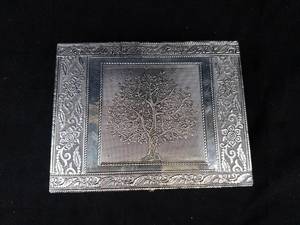 Ornate Metal Jewelry Box with Tree Motif and Mirror- Embossed Borders & Velvet Interior 9