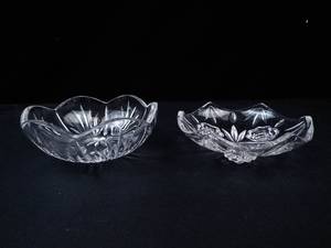 Pair of Crystal Cut Glass TrinketJewelry Bowls - Floral Rosette Motifs and Starburst Interiors