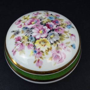 Limoges France Porcelaine Floral Lidded Trinket Box - Gold Rim & Green Band