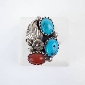 Turquoise & Coral Sterling Ring Co. Three-Stone Ring - Size 5.75