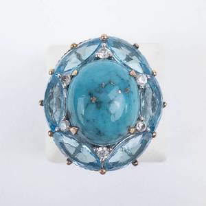 Sterling Silver Turquoise Cabochon Ring with Blue Topaz Halo and White Sapphire Accents - Size 8