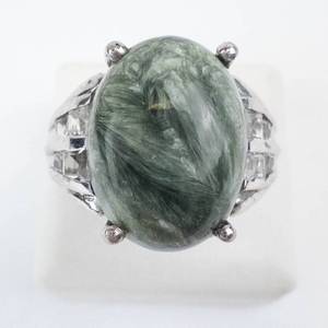 Seraphinite & CZ Sterling Silver Green Oval Cabochon Ring - Size 7