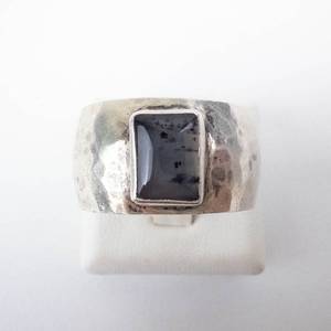 Sterling Silver Moss Agate Ring - Hammered Band, Square Bezel, Size 12.5