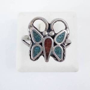 Navajo Turquoise and Coral Inlay Butterfly Ring in Sterling Silver - Size 7.5