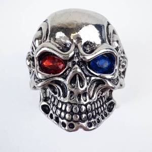 Gothic Skull Ring with Created Sapphire and Ruby Eyes - Size 15