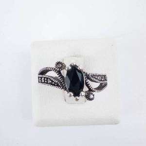 Sterling Silver Black Onyx & Marcasite Ring - Size Five