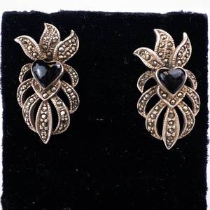 Marcasite & Onyx Heart Starburst Earrings - Sterling Silver