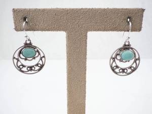 Sterling Silver Turquoise Cabochon Filigree Drop Earrings - Pair