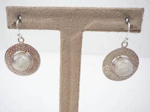 Moonstone Cabochon in Sterling Silver Circle Earrings - Hammered Disc