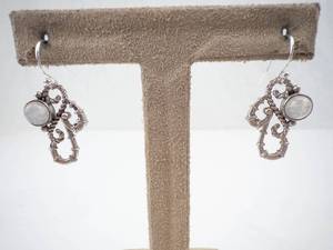 Sterling Silver Drop Earrings with Filigree Motif & Round Moonstone Cabochon Setting