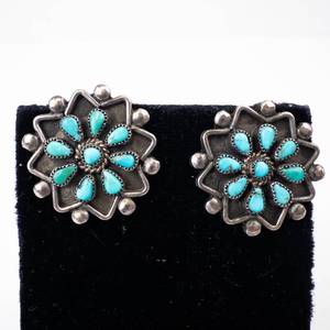 Sterling Silver Turquoise Inlay Flower Earrings (Lot of 2)