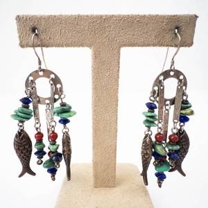 Sterling Silver Fish Earrings with Turquoise, Coral & Lapis Beads - 925