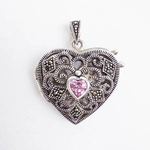 Sterling Silver Heart Locket Pendant with Pink Heart Gemstone
