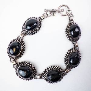 Onyx Cabochon Sterling Silver Toggle Bracelet - Five Oval Settings, 925, 7.5