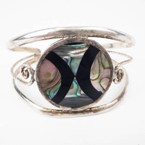 Alpaca Abalone Shell Inlay Cuff Bracelet with Twisted Wire Detailing