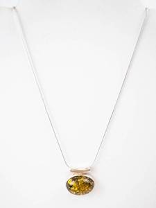 Baltic Green Amber Pendant Necklace - Sterling Silver Oval Cabochon - 18-Inch Chain