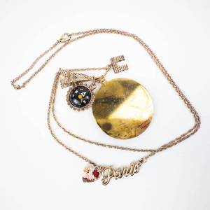 Paris Multi-Charm Necklace with Ornate Locket, Compass Pendant, Eiffel Tower & Floral Heart Charm