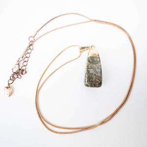 Green Patterned Stone Pendant Necklace on Gold-Tone Chain