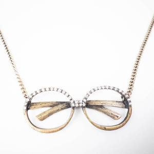 Rhinestone Glasses Pendant Necklace - Gold-Tone Double Circle Frames