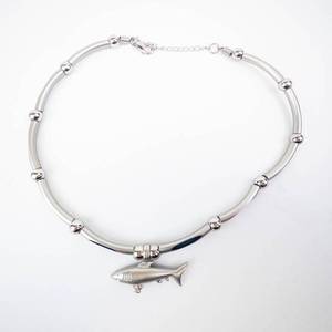 Mens Silver-Tone Necklace & Shark Pendant with Blue Inlays