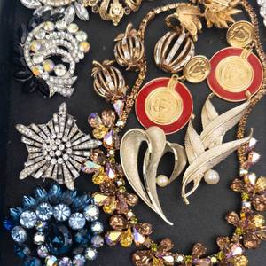 Assorted Costume Jewelry Lot - Rhinestone Brooches, Bracelets & Pins