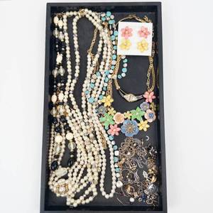 Assorted Costume Jewelry Lot - Pearl Necklaces, Turquoise Beads & Floral Enamel Pieces