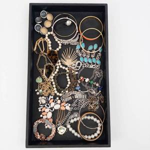Assorted Costume Jewelry Lot - Pearl Strands, Beads, Bangles, Geometric Pendants