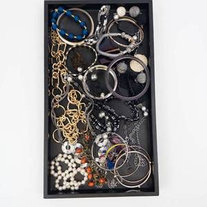 Assorted Costume Jewelry Lot - Gold Tone Chains, Pearl Beads, Bangles & Necklaces