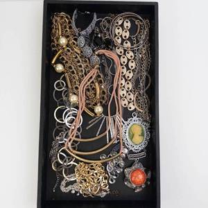 Assorted Vintage Costume Jewelry - Cameo Pendant, Pearl Beads & Mixed Chains