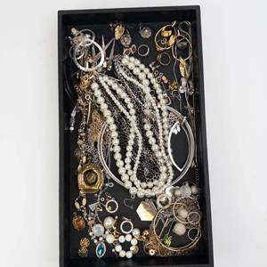Assorted Costume Jewelry Lot - Pearl Necklaces, Chains, Hoops & Rings