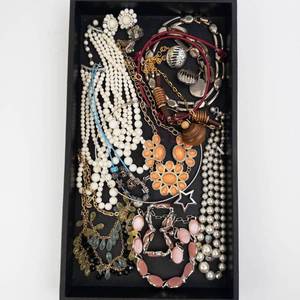 Assorted Costume Jewelry Necklaces & Bracelets - Pearl Strands, Orange Bib Necklace & Pink Stones