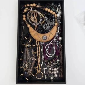 Assorted Costume Jewelry Lot - Crescent Wood Pendant Necklace, Beads, Pearls & More