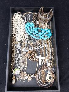 Assorted Costume Jewelry Lot - Pearl Bead Strands, Turquoise Beads, Cross Pendants & Gold Chains