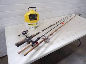 4 Rods and Reels and Minnow Bucket