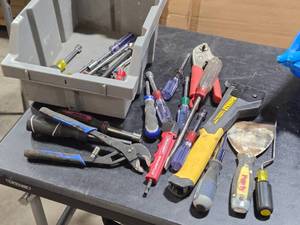 Lot of (1 Bucket) Hand Tools - Pliers, Nutdrivers, Screwdrivers, Hammer Stapler,