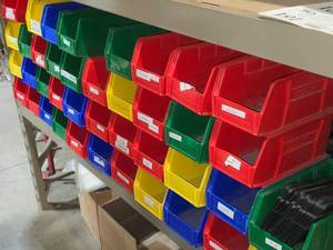Lot of (40) Plastic Stackable Storage Bins 5 12 x 11 x 4 12
