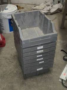 Lot of (9) Plastic Stackable Storage Bins 10 12 x 14 x 6 12