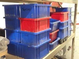Lot of (24) Plastic Stackable Storage Bins (21) 7-12 x 11 x 5  (3) Various Sizes