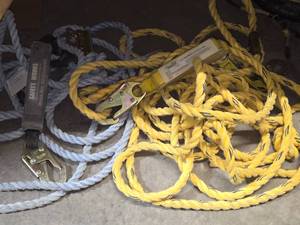 (1) Guardian Fall Protection Poly Steel Vertical Lifeline Assembly Model 01320-QCRev-C 50 Serial 003638 Lot 10601 DOM 0612  (1) Safely Works Fall Protection Shock-Absorbing Lanyard
